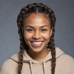 Create an ultra-realistic image of a peaceful and elegant 22-year-old African American female with light brown olive skin and African braid hairstyle. She is smiling at the camera, displaying her teeth, wearing a hoodie without the cap on, in a photo studio. The image is shot using an 80mm lens camera.