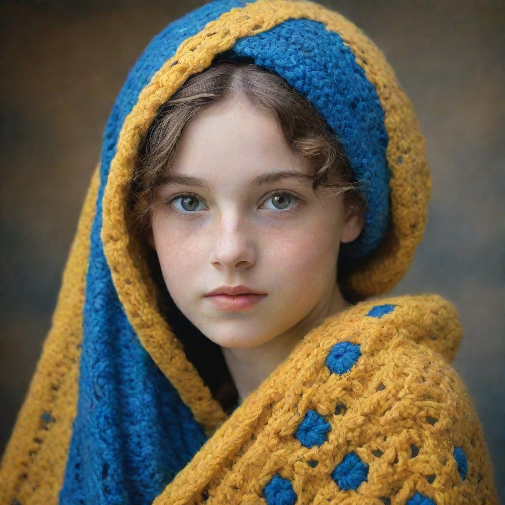 A portrait of a young girl, draped in a crocheted shawl in vivid hues of yellow and blue. The depicted style takes inspiration from Renaissance art, imparting her with an ethereal and timeless beauty.