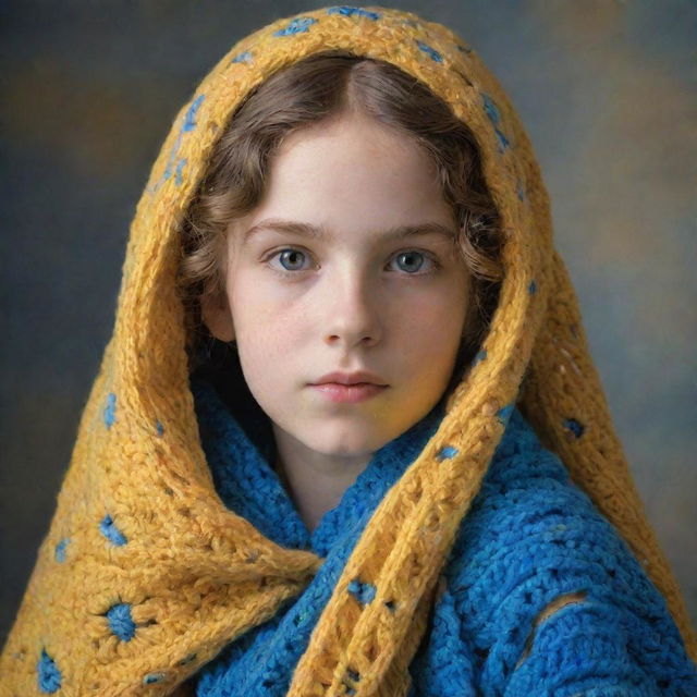 A portrait of a young girl, draped in a crocheted shawl in vivid hues of yellow and blue. The depicted style takes inspiration from Renaissance art, imparting her with an ethereal and timeless beauty.