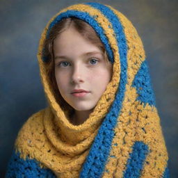 A portrait of a young girl, draped in a crocheted shawl in vivid hues of yellow and blue. The depicted style takes inspiration from Renaissance art, imparting her with an ethereal and timeless beauty.