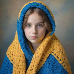 A portrait of a young girl, draped in a crocheted shawl in vivid hues of yellow and blue. The depicted style takes inspiration from Renaissance art, imparting her with an ethereal and timeless beauty.