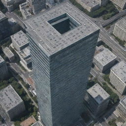 Aerial view of a skyscraper resembling the letter 'I'.