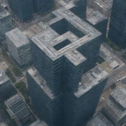 Aerial view of a skyscraper resembling the letter 'I'.