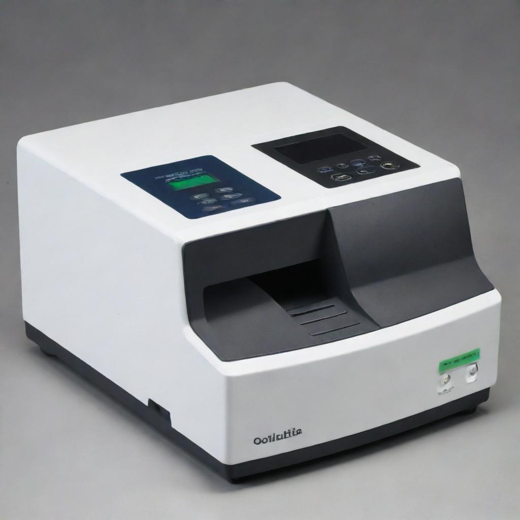 Fashion an accurate image of a spectrophotometer with all the important components distinctly labeled in English. Components such as the light source, sample holder, detector, and monochromator should be easily recognizable.