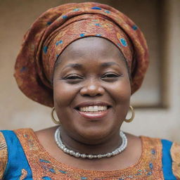 A close-up portrait of a joyful, chubby Nigerian mother, elegantly dressed in unique traditional attire.