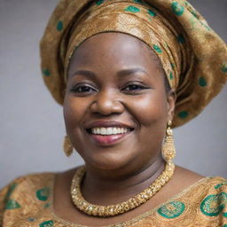 A close-up portrait of a joyful, chubby Nigerian mother, elegantly dressed in unique traditional attire.