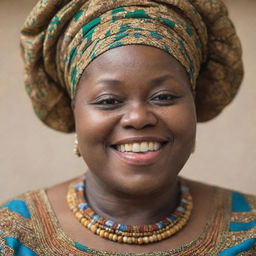 A close-up portrait of a joyful, chubby Nigerian mother, elegantly dressed in unique traditional attire.