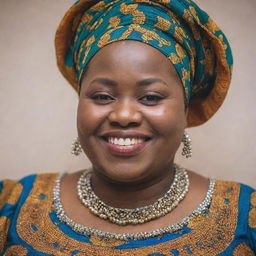 A close-up portrait of a joyful, chubby Nigerian mother, elegantly dressed in unique traditional attire.