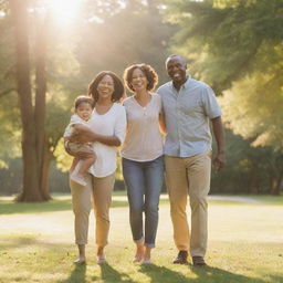 A joyful family scene of a father, mother, and their sons in a serene park, smiling and radiating happiness with the golden sunlight enhancing their radiant faces.