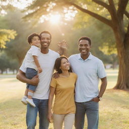 A joyful family scene of a father, mother, and their sons in a serene park, smiling and radiating happiness with the golden sunlight enhancing their radiant faces.