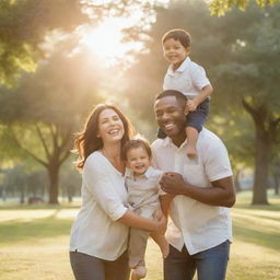 A joyful family scene of a father, mother, and their sons in a serene park, smiling and radiating happiness with the golden sunlight enhancing their radiant faces.