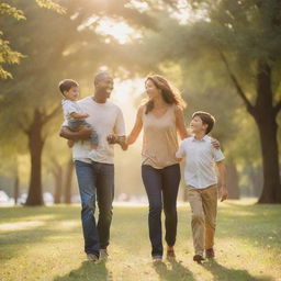 A joyful family scene of a father, mother, and their sons in a serene park, smiling and radiating happiness with the golden sunlight enhancing their radiant faces.