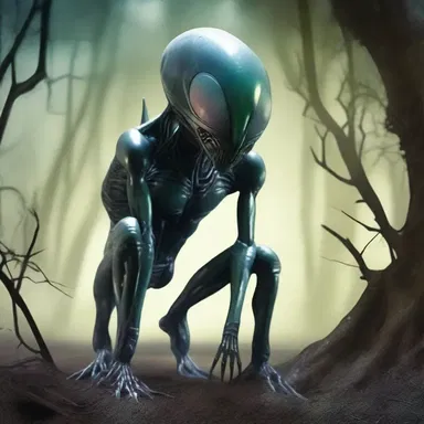 In the science fiction novel, the alien creature scrunches up its legs while waiting in ambush.