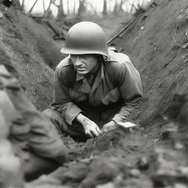 During World War II, soldiers would scrunch up to take cover in the trenches, protecting themselves from enemy fire.