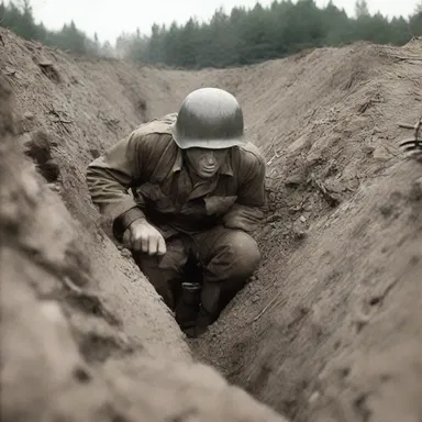 During World War II, soldiers would scrunch up to take cover in the trenches, protecting themselves from enemy fire.