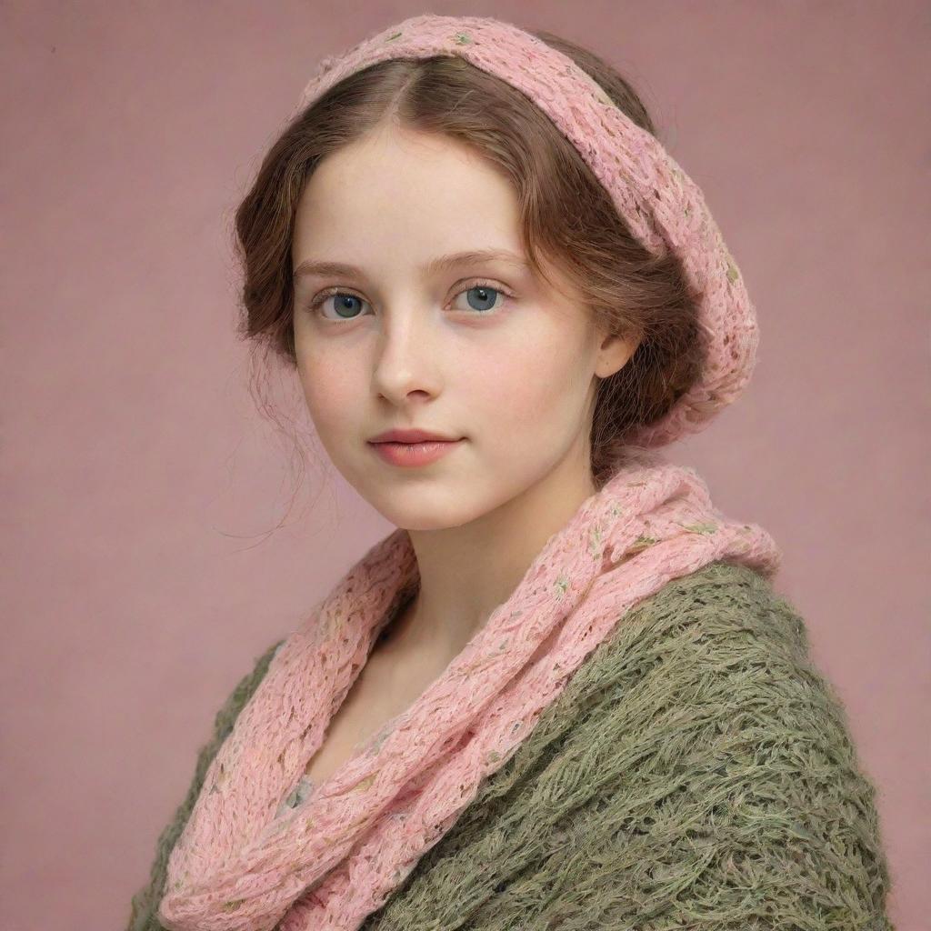 A Renaissance-style depiction of a young girl adorned with a meticulously knitted shawl elegantly draped over her shoulders. The shawl carries hues of soft pink, verdant green, and warm skin color, embodying both delicate beauty and timeless elegance.