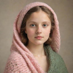 A Renaissance-style depiction of a young girl adorned with a meticulously knitted shawl elegantly draped over her shoulders. The shawl carries hues of soft pink, verdant green, and warm skin color, embodying both delicate beauty and timeless elegance.