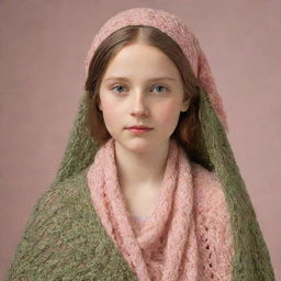 A Renaissance-style depiction of a young girl adorned with a meticulously knitted shawl elegantly draped over her shoulders. The shawl carries hues of soft pink, verdant green, and warm skin color, embodying both delicate beauty and timeless elegance.