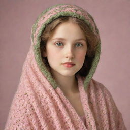 A Renaissance-style depiction of a young girl adorned with a meticulously knitted shawl elegantly draped over her shoulders. The shawl carries hues of soft pink, verdant green, and warm skin color, embodying both delicate beauty and timeless elegance.