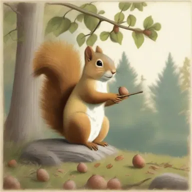 The artist depicted a serene landscape with an attentive squirrel collecting acorns.