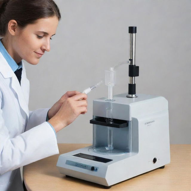 Illustrate an image where a liquid sample is introduced into a spectrometer by using a nebulizer, converting the liquid into fine droplets.