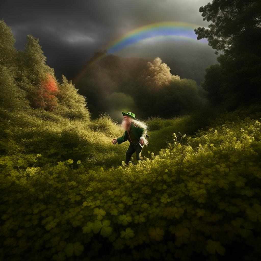 A highly detailed, imaginative depiction of a leprechaun in the wild nature, discreetly appearing in the distance under a rainbow, in the style of a Pulitzer Prize-winning photograph