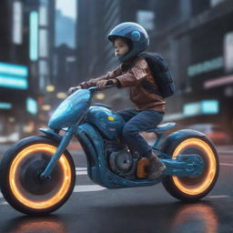 Concept art of a child riding a futuristic, intricately designed digital bike.