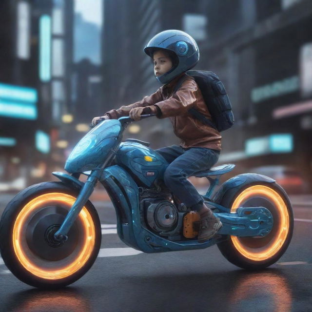 Concept art of a child riding a futuristic, intricately designed digital bike.