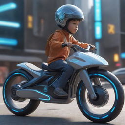 Concept art of a child riding a futuristic, intricately designed digital bike.