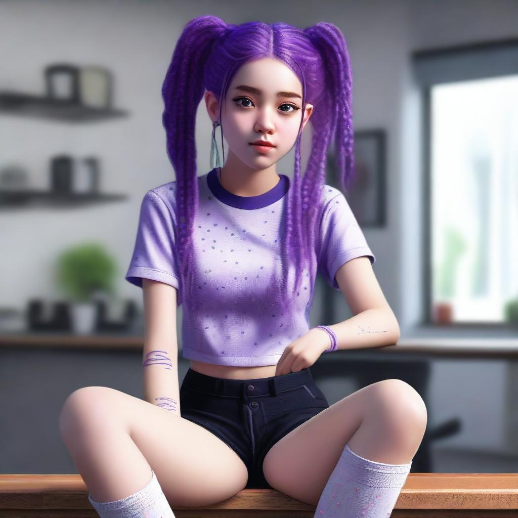 This is a hyper-realistic digital art image featuring an 18-year-old woman with purple hair styled in two braids