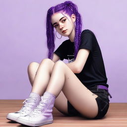 This is a hyper-realistic digital art image featuring an 18-year-old woman with purple hair styled in two braids