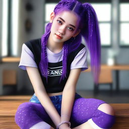 This is a hyper-realistic digital art image featuring an 18-year-old woman with purple hair styled in two braids