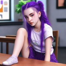 This is a hyper-realistic digital art image featuring an 18-year-old woman with purple hair styled in two braids