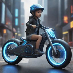 Concept art of a child riding a futuristic, intricately designed digital bike.