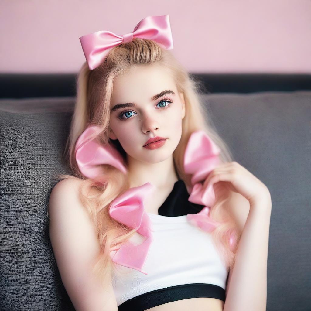 This is a realistic, high-quality photograph of an 18-year-old woman with blonde hair, styled with a bow