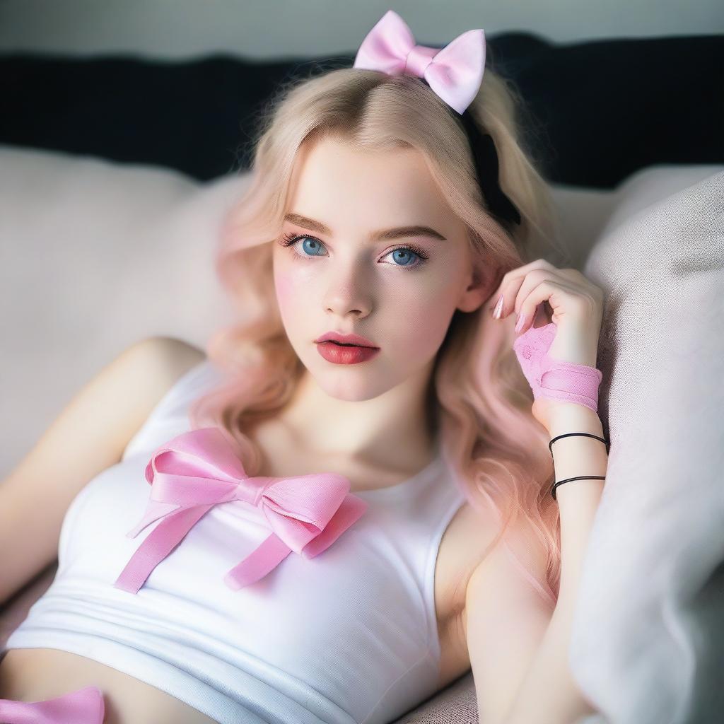 This is a realistic, high-quality photograph of an 18-year-old woman with blonde hair, styled with a bow