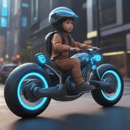 Concept art of a child riding a futuristic, intricately designed digital bike.