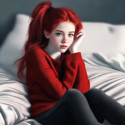 This image is a high-quality, realistic digital art representation of an 18-year-old woman with red hair tied in a ponytail