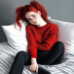 This image is a high-quality, realistic digital art representation of an 18-year-old woman with red hair tied in a ponytail