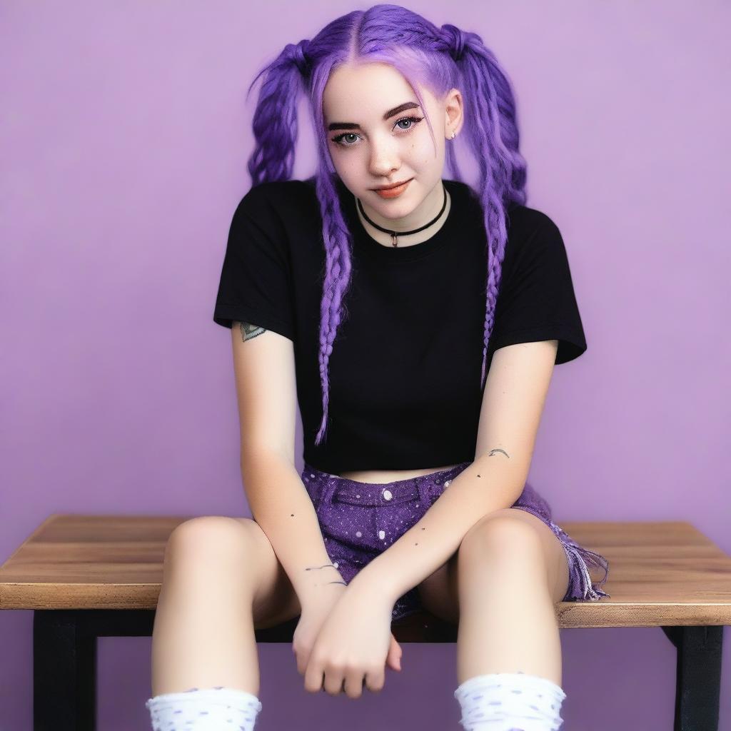 This is a realistic, high-quality photograph of an 18-year-old woman with purple hair styled in two braids