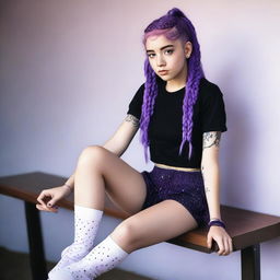 This is a realistic, high-quality photograph of an 18-year-old woman with purple hair styled in two braids