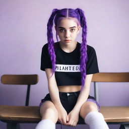 This is a realistic, high-quality photograph of an 18-year-old woman with purple hair styled in two braids