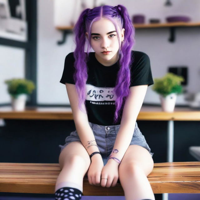 This is a realistic, high-quality photograph of an 18-year-old woman with purple hair styled in two braids