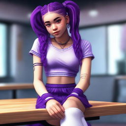 This is a high-quality, realistic digital art image of an 18-year-old woman with vibrant purple hair styled in two braids