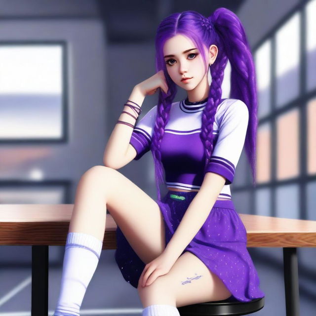 This is a high-quality, realistic digital art image of an 18-year-old woman with vibrant purple hair styled in two braids