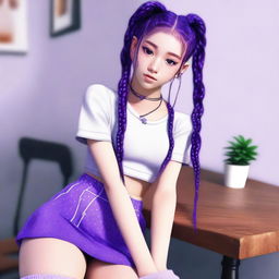 This is a high-quality, realistic digital art image of an 18-year-old woman with vibrant purple hair styled in two braids