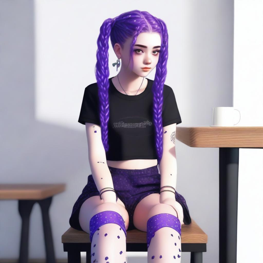 A realistic, high-quality digital art image portrays an 18-year-old woman with vibrant purple hair styled into two braids