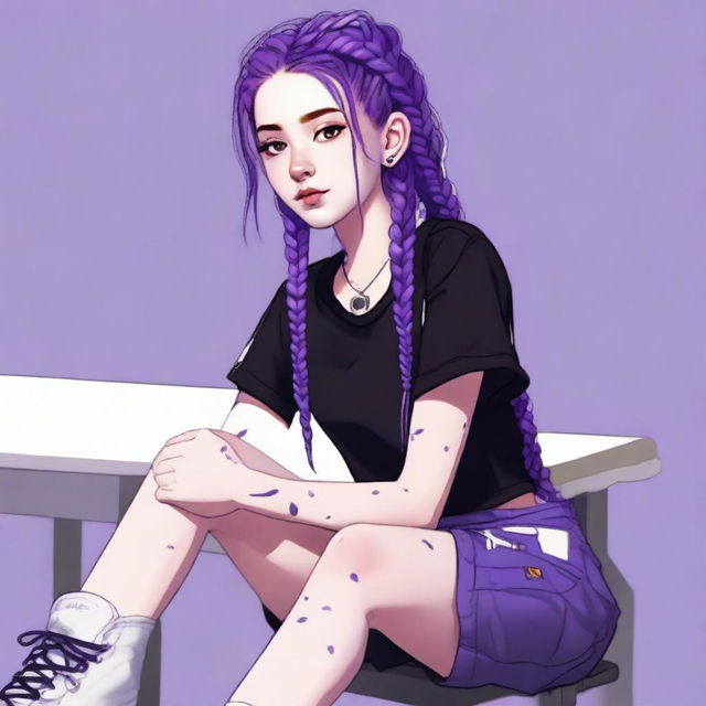 A realistic, high-quality digital art image portrays an 18-year-old woman with vibrant purple hair styled into two braids