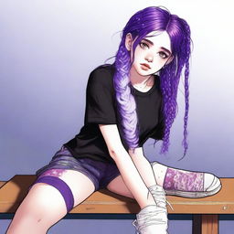 A realistic, high-quality digital art image portrays an 18-year-old woman with vibrant purple hair styled into two braids