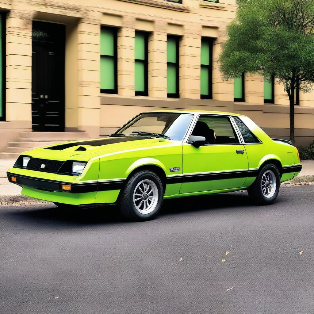 A high-resolution image of a 1981 Ford Mustang, painted in a vibrant lime green color